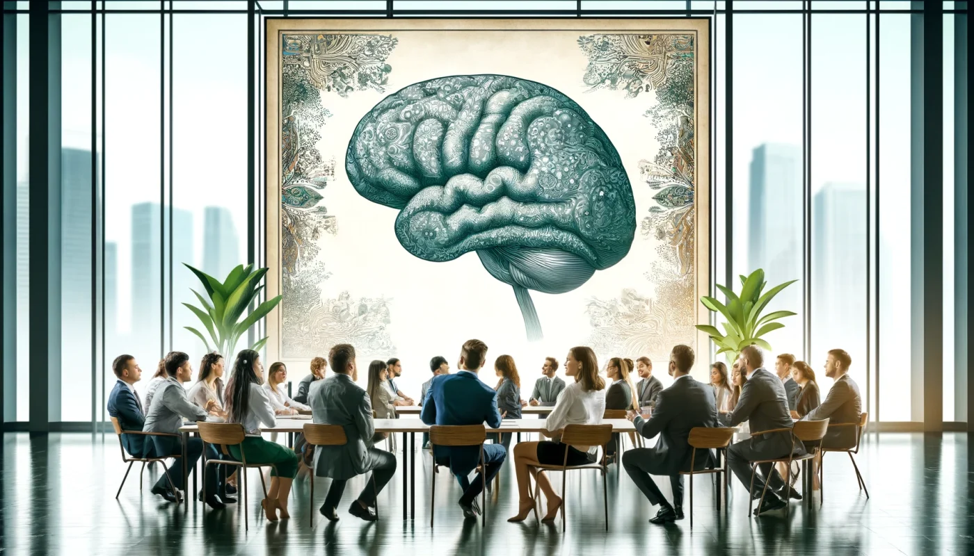 Banner de blog sem texto, mostrando um grupo diversificado de profissionais corporativos engajados em uma discussão animada. O ambiente é moderno e incorpora elementos naturais, como plantas verdes, enfatizando uma abordagem holística à comunicação eficaz no contexto empresarial.