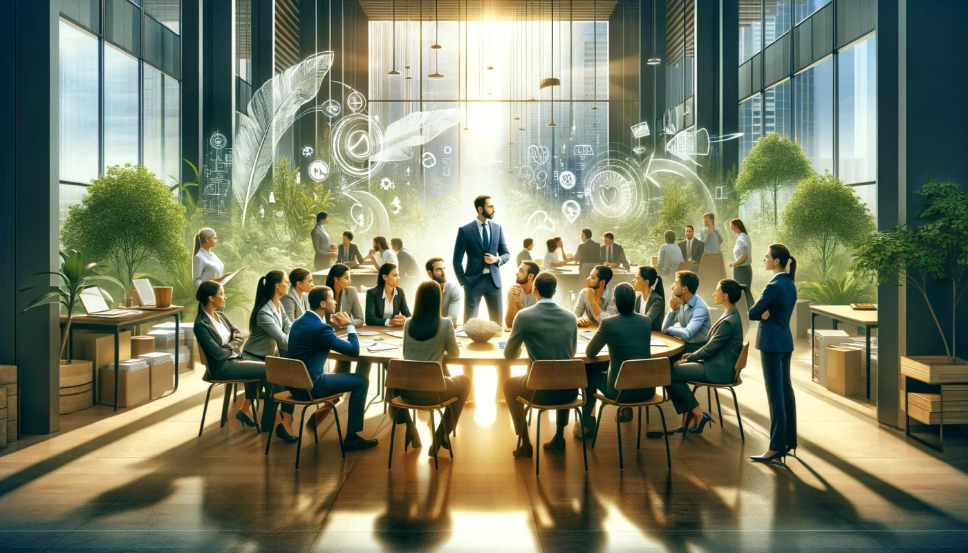 A imagem mostra uma cena inspiradora em um ambiente corporativo, onde um líder pratica a escuta ativa com sua equipe para resolver conflitos. No primeiro plano, um grupo diversificado de funcionários está reunido ao redor de uma mesa redonda, engajado em um diálogo construtivo. O líder, posicionado não à cabeceira, mas entre eles, demonstra escuta ativa inclinando-se para a frente, fazendo contato visual e acenando com a cabeça. Ao redor, o ambiente de escritório é moderno e bem iluminado, repleto de plantas verdes e espaços abertos, simbolizando uma cultura organizacional saudável e aberta. A atmosfera geral transmite uma sensação de harmonia, colaboração e o potencial para transformar conflitos em oportunidades de crescimento. Metáforas visuais, como pontes em vez de muros, são incluídas para representar a ideia de construir conexões. A cena é em formato largo para capturar a dinâmica da interação do grupo e o estilo de liderança inclusivo.