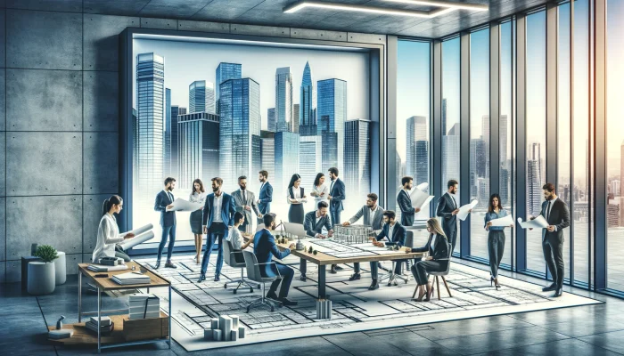 Uma cena retangular representando arquitetura e design, com um grupo de arquitetos e designers trabalhando juntos em um plano arquitetônico. O ambiente é um escritório aberto com grandes janelas, revelando uma paisagem urbana ao fundo. Os profissionais estão vestidos de forma casual, com diversas ferramentas e modelos arquitetônicos sobre a mesa. A paleta de cores inclui tons de branco, cinza e azul, criando uma estética contemporânea e sofisticada.