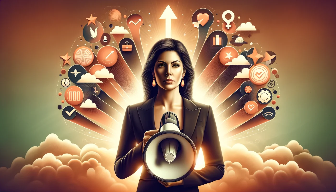 A imagem apresenta uma composição visual retangular, organizada em três partes principais, destinada a ilustrar o tema "Empreendedorismo Feminino: Como lidar com feedback negativo e críticas de clientes". No terço superior, destaca-se a figura estilizada de uma empreendedora confiante, representada por uma silhueta de mulher de negócios de frente, olhando diretamente para o espectador. Ela segura um megafone estilizado, simbolizando a comunicação eficaz, um elemento-chave no tratamento do feedback negativo. No meio da arte, elementos gráficos representam feedback e críticas através de balões de texto com símbolos positivos e negativos, dispostos de maneira a simbolizar uma ponte para o crescimento. Esses elementos fluem em direção ao texto central que diz: "Transformando Feedback Negativo em Crescimento", servindo como a mensagem principal da arte. O terço inferior exibe um gradiente sutil de cores, simbolizando a jornada de crescimento e melhoria contínua. Esta área apoia uma mensagem inspiradora: "Empatia, Comunicação, Crescimento - O Caminho do Empreendedorismo Feminino", reforçando a ideia de que feedback negativo pode ser uma força motriz para o desenvolvimento e sucesso empresarial. A paleta de cores é composta predominantemente por tons de azul e dourado, transmitindo sensações de confiança, estabilidade, excelência e sucesso. A fonte utilizada nas mensagens textuais é moderna e acessível, projetada para destacar as mensagens-chave de forma clara e eficaz, garantindo que a comunicação visual seja compreendida intuitivamente pelo espectador.