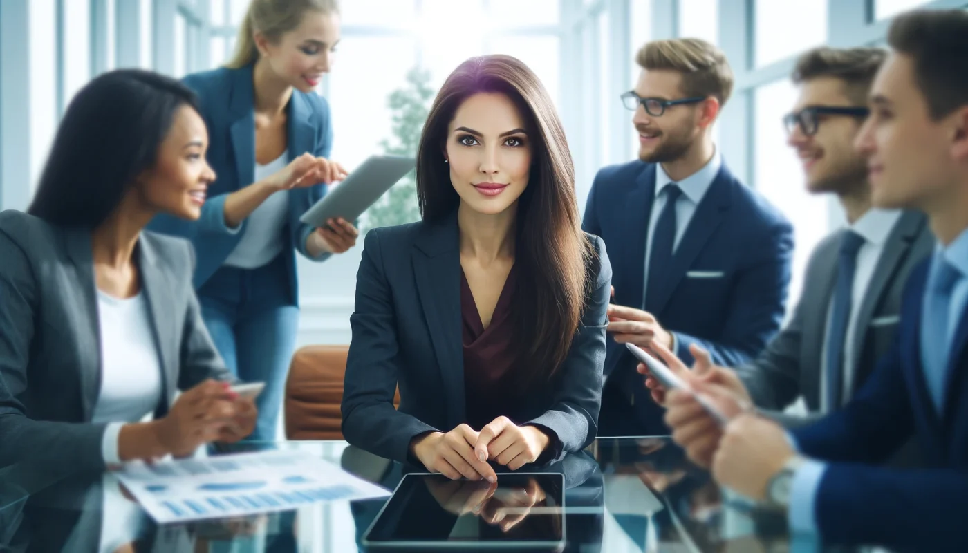 Banner de blog vibrante mostrando uma executiva caucasiana na casa dos 30 anos, com expressão confiante e envolvente. Ela está vestida com um elegante terno escuro de decote acentuado e cabelos longos e fluídos. A executiva está interagindo ativamente com um grupo diversificado de três profissionais (asiático, hispânico e negro), todos vestidos com trajes de negócios elegantes, em torno de uma mesa de vidro moderna em um escritório bem iluminado. Eles discutem sobre dispositivos digitais e documentos, enfatizando trabalho em equipe e pensamento inovador no ambiente corporativo