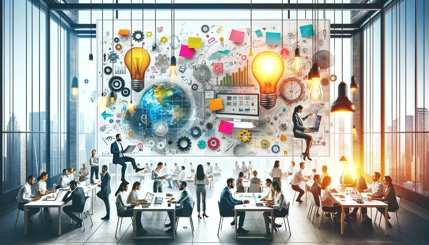 Uma imagem retangular para um blog mostrando um escritório moderno com uma equipe de profissionais diversos envolvidos em brainstorming e colaboração. A cena inclui elementos criativos, como notas adesivas, lâmpadas e telas digitais. O ambiente sugere um espaço dinâmico e inovador, com pessoas discutindo, compartilhando ideias e trabalhando em laptops e tablets. A atmosfera é vibrante e energética, destacando o trabalho em equipe e a inovação.