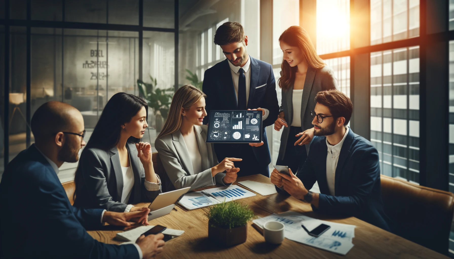 A imagem mostra um grupo diversificado de profissionais engajados em uma sessão de brainstorming ao redor de uma mesa de alta tecnologia em uma sala de reuniões bem iluminada. Uma pessoa está apontando para um tablet digital que exibe gráficos e ideias inovadoras, enquanto os outros membros da equipe ouvem atentamente, alguns acenando em concordância e outros prontos para adicionar suas percepções com smartphones em mãos. O ambiente transmite criatividade, trabalho em equipe e determinação, com citações motivacionais elegantemente emolduradas nas paredes e plantas em vasos adicionando um toque de verde, simbolizando um ambiente corporativo de apoio e inovação.