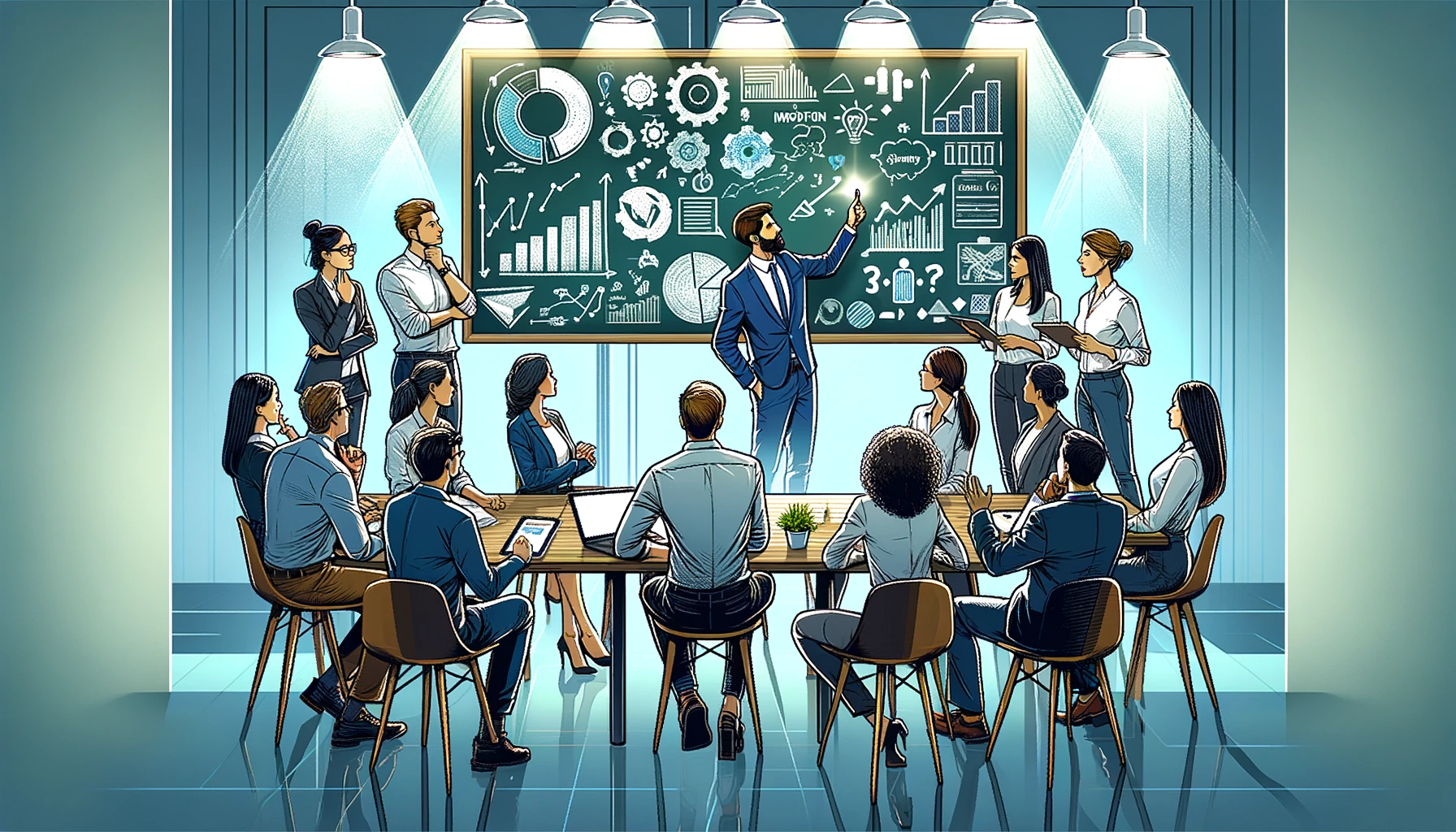 A imagem mostra um grupo diversificado de profissionais reunidos ao redor de um líder em uma sessão de brainstorming dentro de um ambiente corporativo moderno e inovador. O líder, ativamente engajado, aponta para um quadro-negro ou tela digital que exibe gráficos e ideias criativas, simbolizando um foco em inovação e desenvolvimento pessoal e profissional. Os membros da equipe parecem motivados, valorizados e participativos, sugerindo uma cultura de apreciação e respeito mútuo. A atmosfera geral transmite um sentido de unidade, criatividade e empoderamento, refletindo o impacto de uma excelente liderança no crescimento pessoal e profissional.