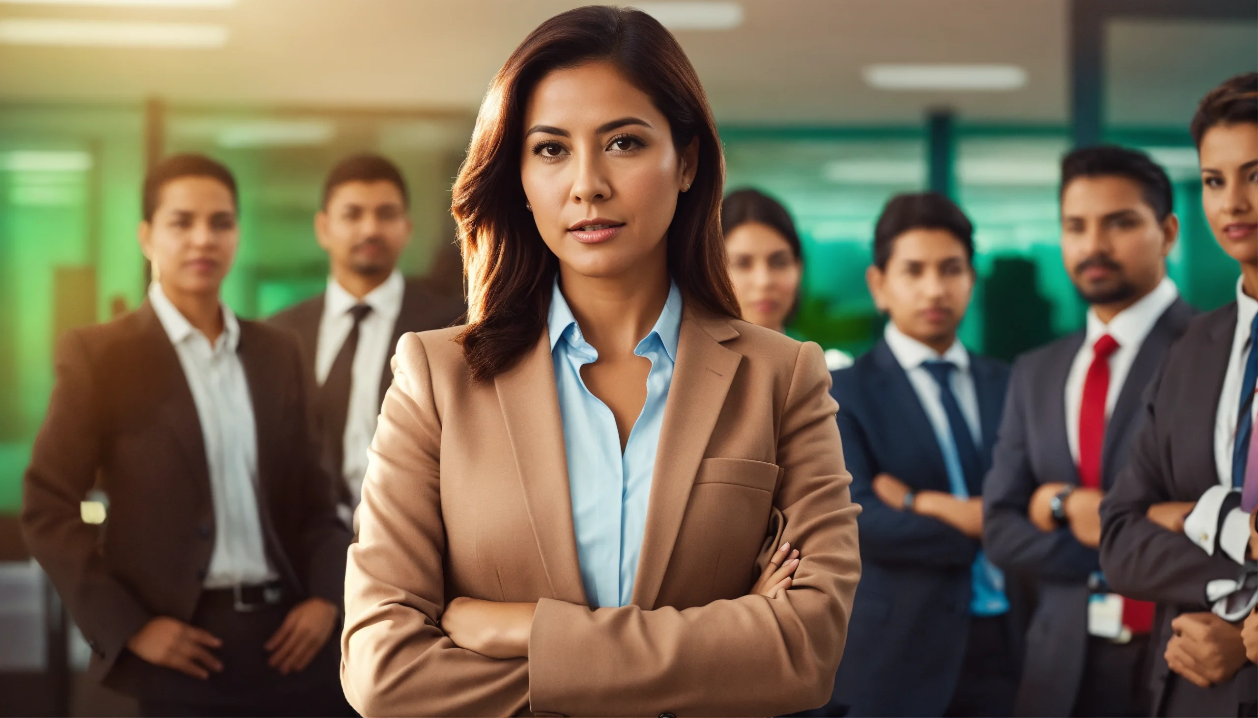 A imagem mostra uma mulher de negócios confiante na frente, com uma postura firme e braços cruzados, vestindo um blazer bege e uma camisa azul. Ela é acompanhada por uma equipe diversificada de profissionais em trajes formais, desfocados ao fundo, o que sugere liderança e trabalho em equipe no ambiente corporativo.