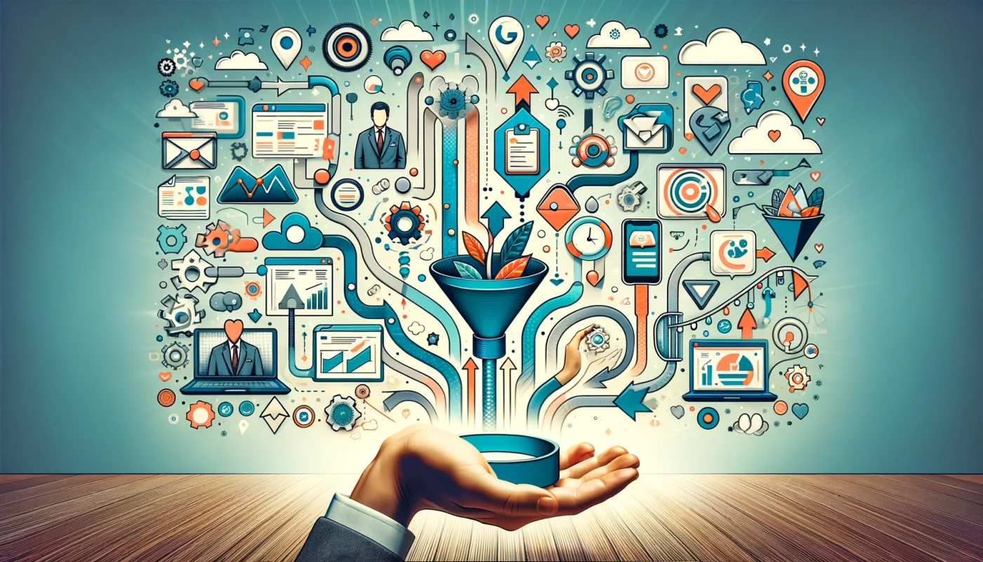 A imagem mostra uma composição visual retangular que ilustra o tema de seleção de ferramentas CRM para vendas. No centro, há representações abstratas de interfaces de software CRM, variando em design para simbolizar a diversidade de opções disponíveis no mercado. Essas interfaces estão interligadas por linhas e bolhas de fala, sugerindo comunicação ativa entre empresas e clientes. À esquerda, um funil de vendas simboliza a jornada do cliente, destacando a importância de gerenciar essa jornada de forma eficiente. Elementos gráficos como setas apontando para cima e ícones de crescimento adornam a cena, indicando otimização e melhoria nos processos de vendas. O fundo da imagem é profissional e convidativo, representando um ambiente digital ou de trabalho onde tais ferramentas CRM são utilizadas, transmitindo uma atmosfera otimista e voltada para o futuro, enfatizando o poder transformador das ferramentas CRM nas vendas e na gestão de relacionamento com o cliente.