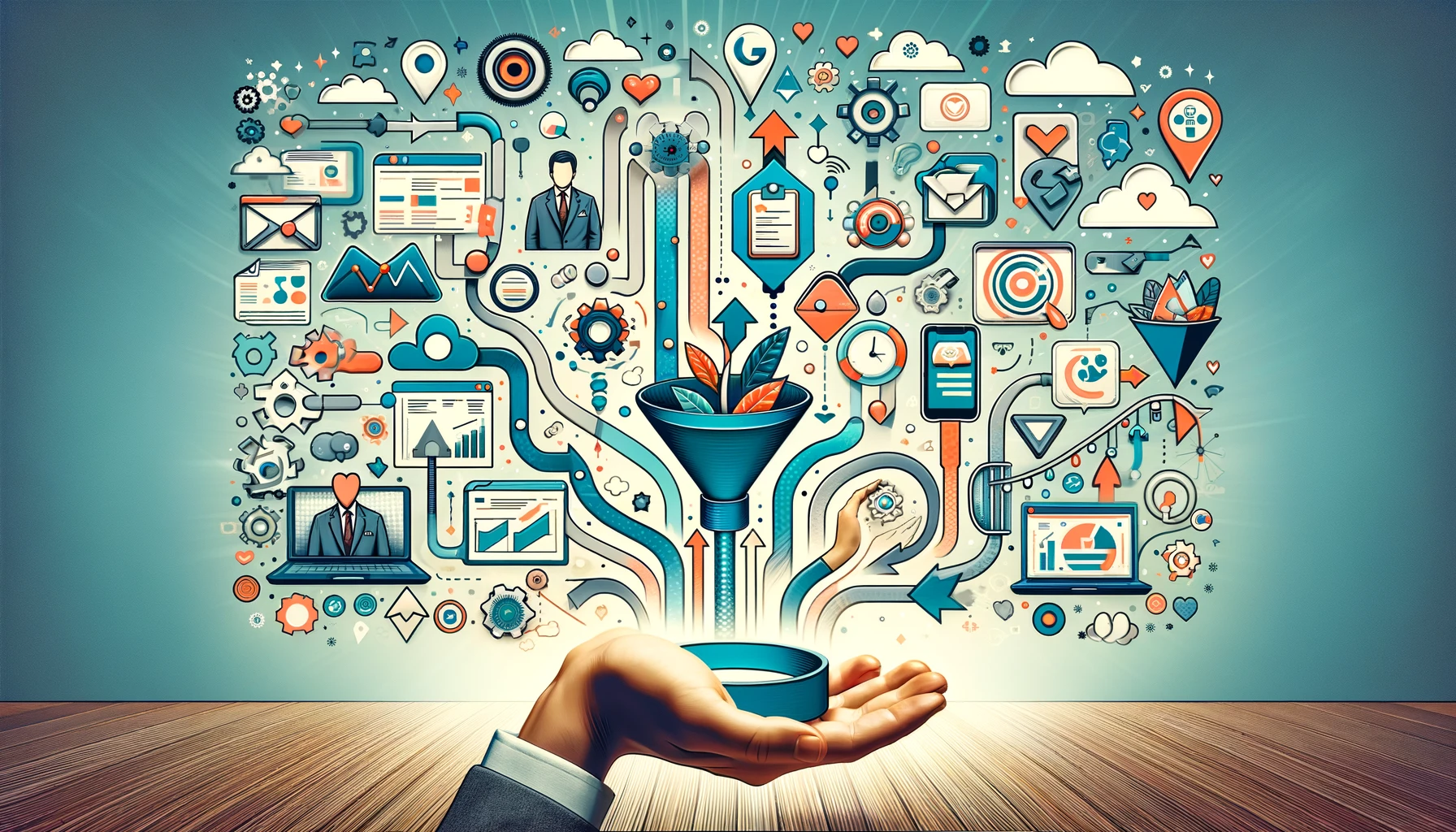 A imagem mostra uma composição visual retangular que ilustra o tema de seleção de ferramentas CRM para vendas. No centro, há representações abstratas de interfaces de software CRM, variando em design para simbolizar a diversidade de opções disponíveis no mercado. Essas interfaces estão interligadas por linhas e bolhas de fala, sugerindo comunicação ativa entre empresas e clientes. À esquerda, um funil de vendas simboliza a jornada do cliente, destacando a importância de gerenciar essa jornada de forma eficiente. Elementos gráficos como setas apontando para cima e ícones de crescimento adornam a cena, indicando otimização e melhoria nos processos de vendas. O fundo da imagem é profissional e convidativo, representando um ambiente digital ou de trabalho onde tais ferramentas CRM são utilizadas, transmitindo uma atmosfera otimista e voltada para o futuro, enfatizando o poder transformador das ferramentas CRM nas vendas e na gestão de relacionamento com o cliente.