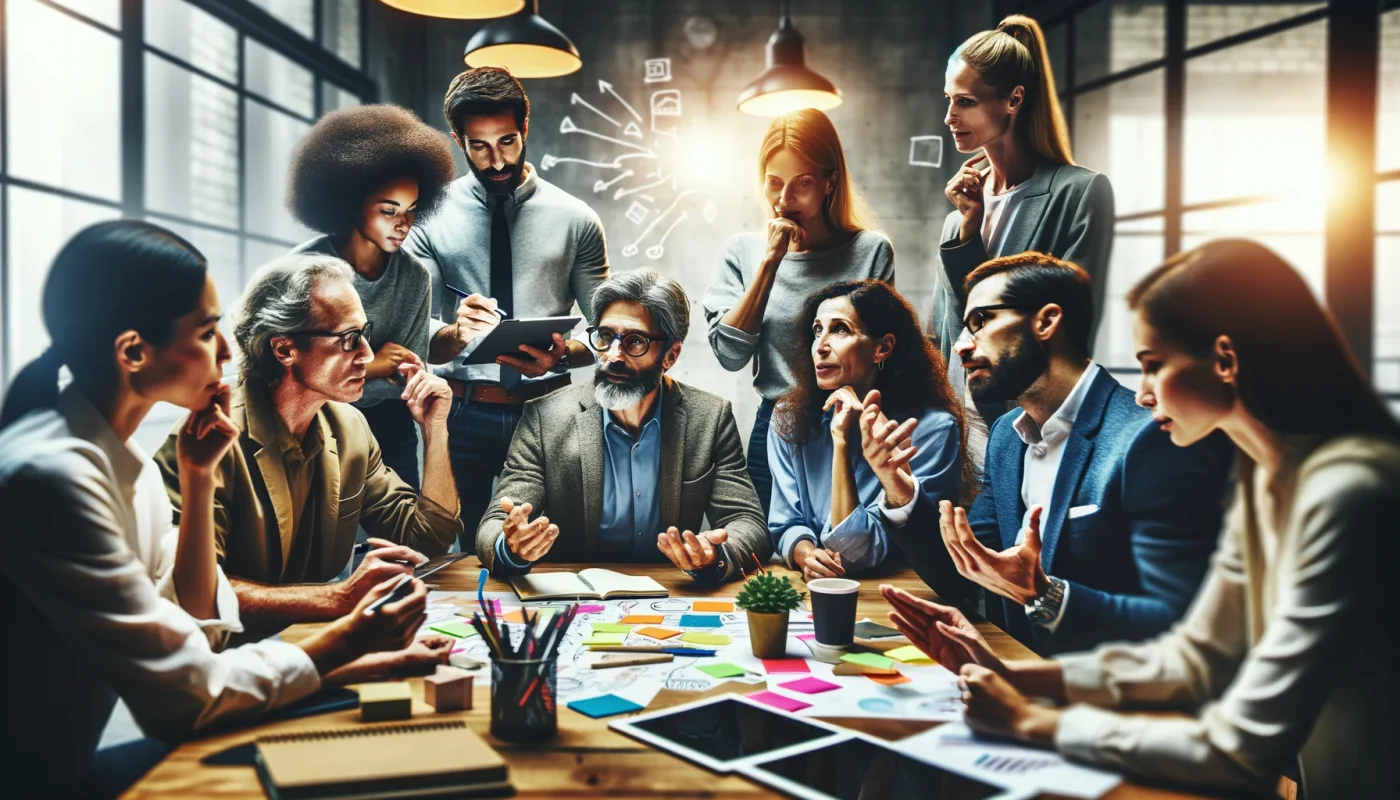 Um grupo pequeno e diversificado de profissionais está envolvido em uma discussão colaborativa intensa em um ambiente de escritório inovador. Uma pessoa, com entusiasmo, apresenta uma ideia, gesticulando animadamente, enquanto os outros ouvem atentamente, demonstrando curiosidade e engajamento. A mesa à frente deles está repleta de cadernos, post-its coloridos e tablets digitais, ferramentas que auxiliam no brainstorming criativo. A cena é íntima e dinâmica, destacando a importância da escuta ativa, comunicação aberta e sinergia de diferentes perspectivas para impulsionar a inovação.