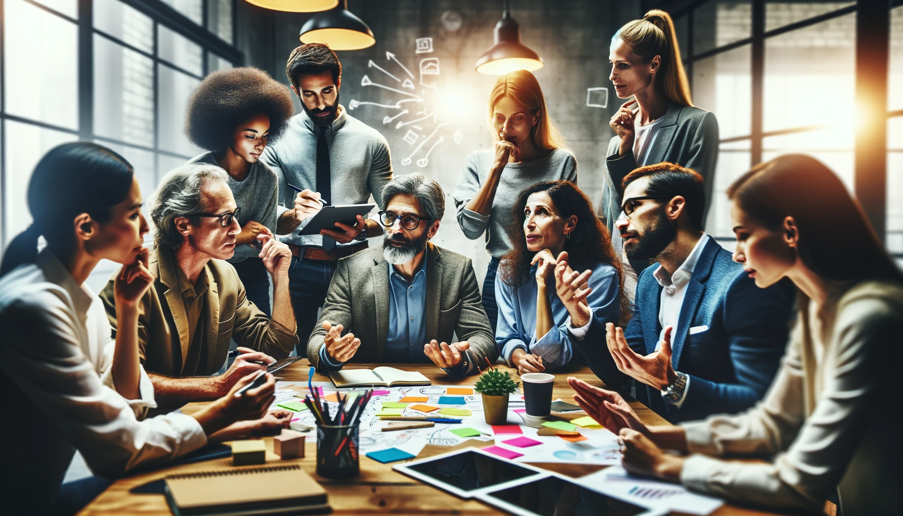 Um grupo pequeno e diversificado de profissionais está envolvido em uma discussão colaborativa intensa em um ambiente de escritório inovador. Uma pessoa, com entusiasmo, apresenta uma ideia, gesticulando animadamente, enquanto os outros ouvem atentamente, demonstrando curiosidade e engajamento. A mesa à frente deles está repleta de cadernos, post-its coloridos e tablets digitais, ferramentas que auxiliam no brainstorming criativo. A cena é íntima e dinâmica, destacando a importância da escuta ativa, comunicação aberta e sinergia de diferentes perspectivas para impulsionar a inovação.