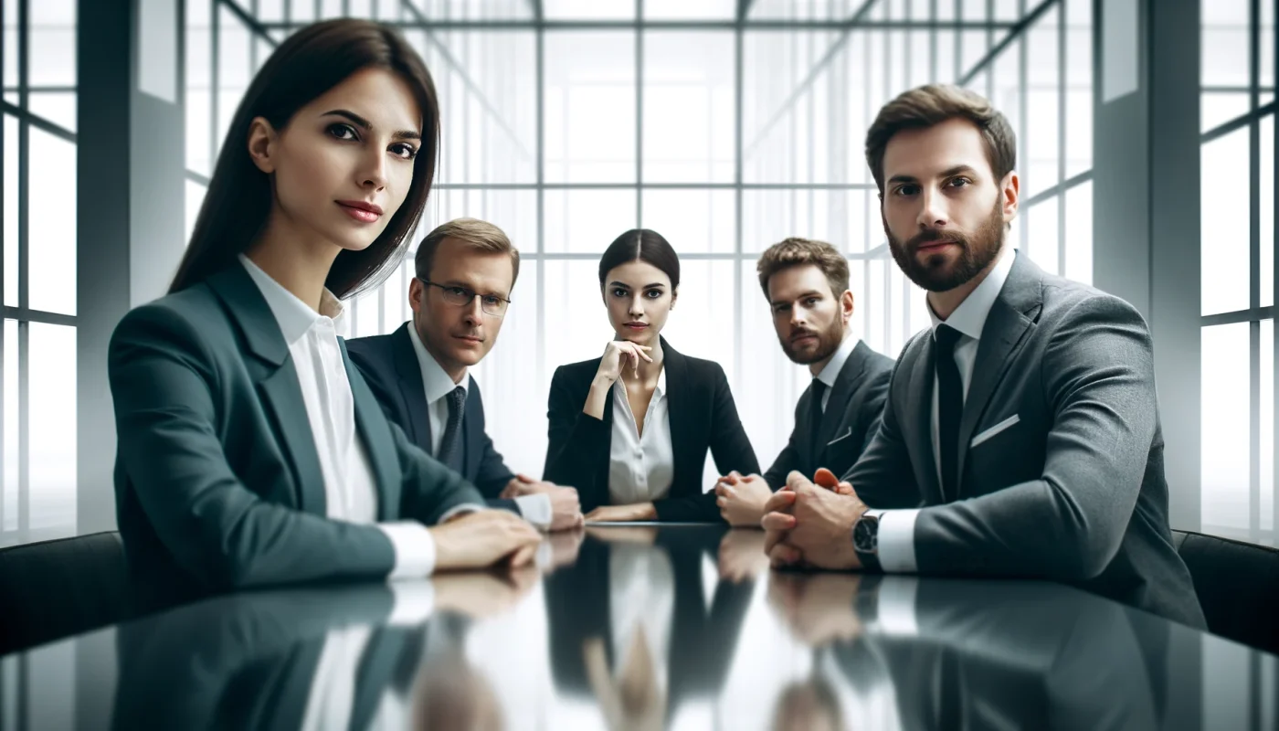 um grupo de profissionais em um ambiente corporativo minimalista. No centro, um homem e uma mulher, ambos vestindo trajes de negócios modernos, estão de frente para a câmera, envolvidos em uma discussão séria sobre uma mesa elegante e despojada. O foco está nas expressões deles e na interação, sugerindo um planejamento estratégico de alto nível. O fundo sutil apresenta um escritório espaçoso e arejado com paredes de vidro grandes, complementando a cena de produtividade.