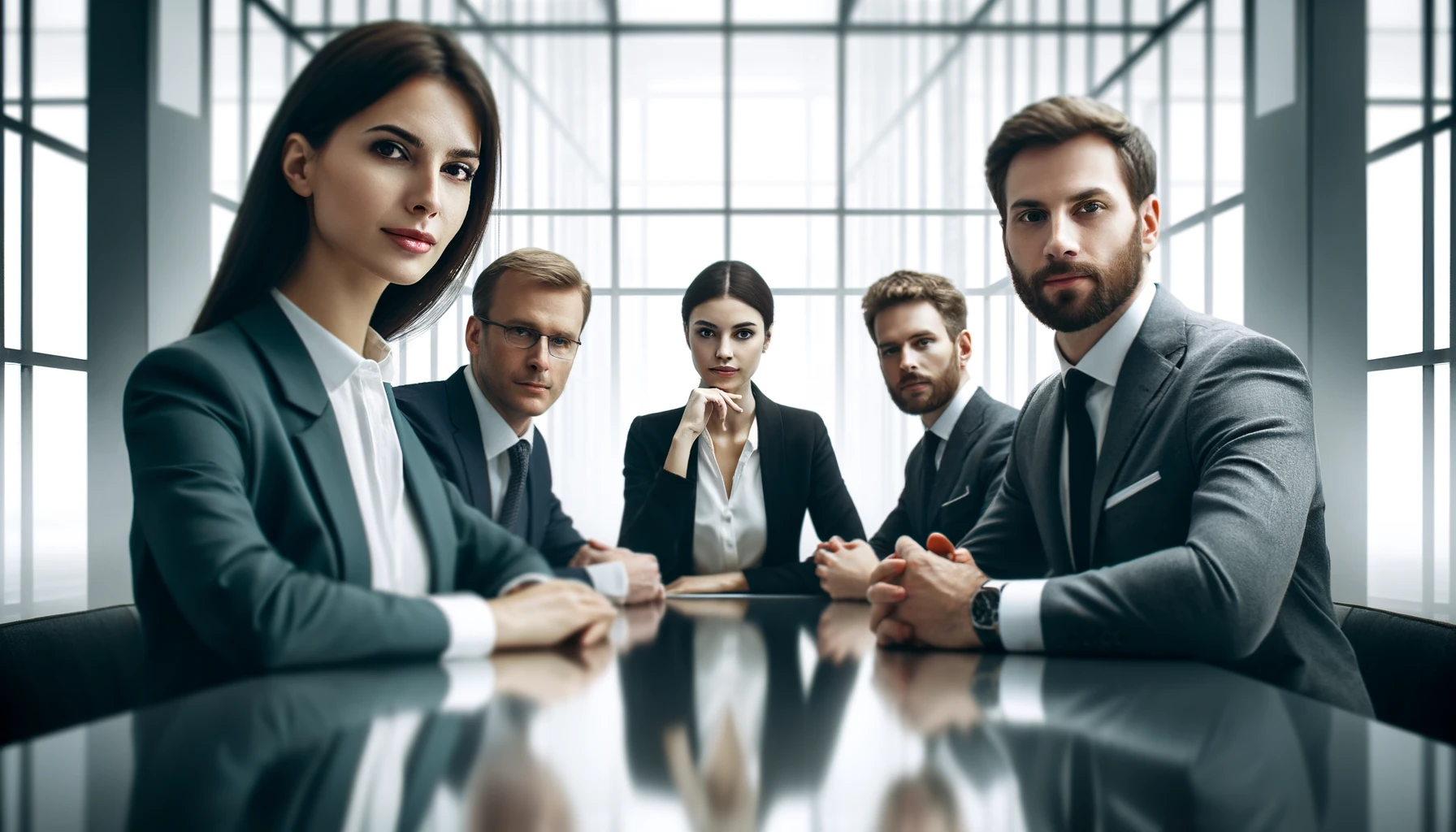 um grupo de profissionais em um ambiente corporativo minimalista. No centro, um homem e uma mulher, ambos vestindo trajes de negócios modernos, estão de frente para a câmera, envolvidos em uma discussão séria sobre uma mesa elegante e despojada. O foco está nas expressões deles e na interação, sugerindo um planejamento estratégico de alto nível. O fundo sutil apresenta um escritório espaçoso e arejado com paredes de vidro grandes, complementando a cena de produtividade.