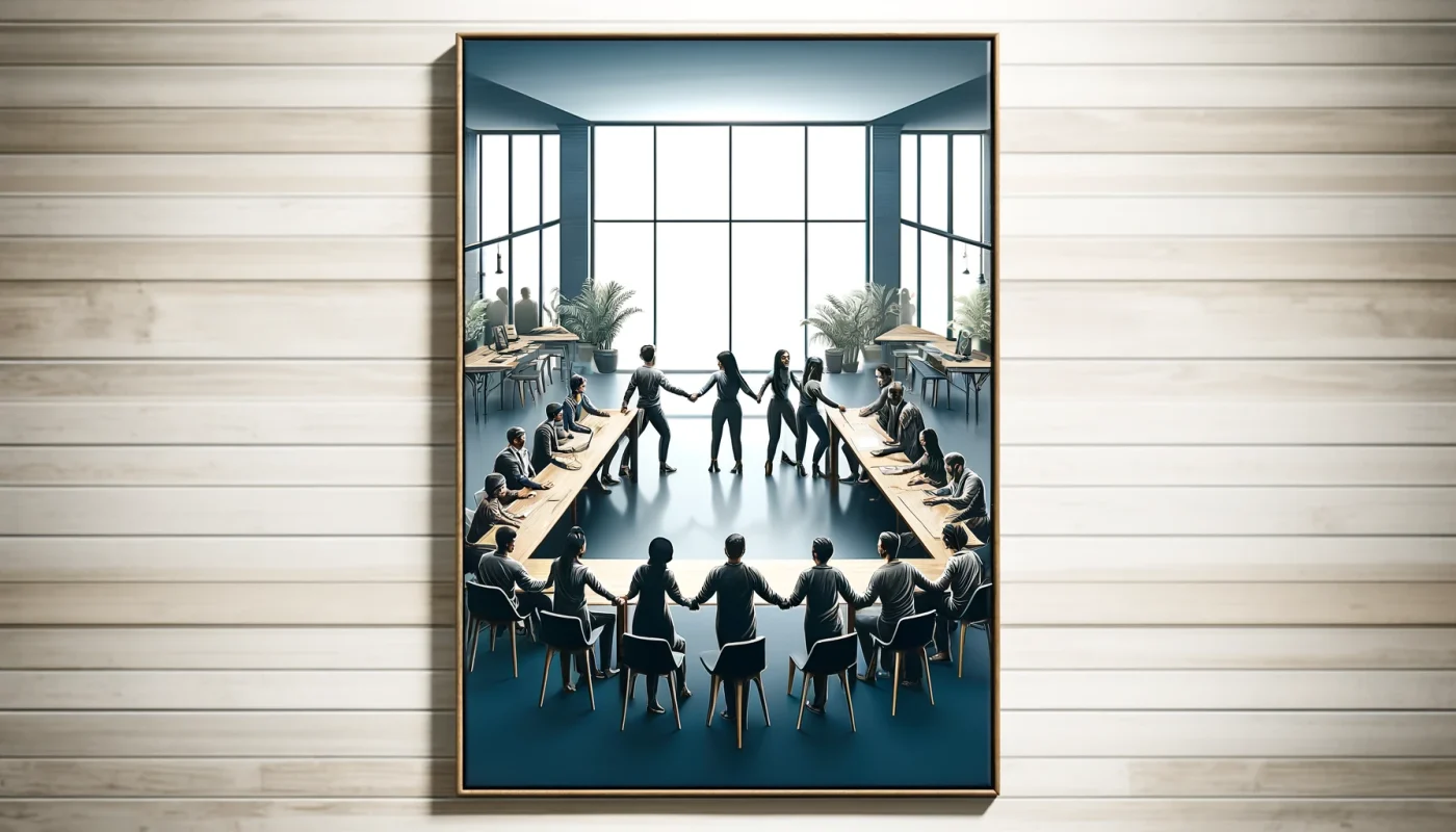 A imagem mostra uma cena retangular em um ambiente de escritório moderno, com um grupo diverso de pessoas trabalhando em conjunto. As pessoas na imagem representam diferentes idades, etnias e gêneros, simbolizando diversidade e inclusão. O clima geral é profissional e motivacional, com um foco em trabalho em equipe, conexão e resiliência emocional. Não há texto ou elementos escritos na imagem, enfatizando a ideia de colaboração e união sem a necessidade de palavras.