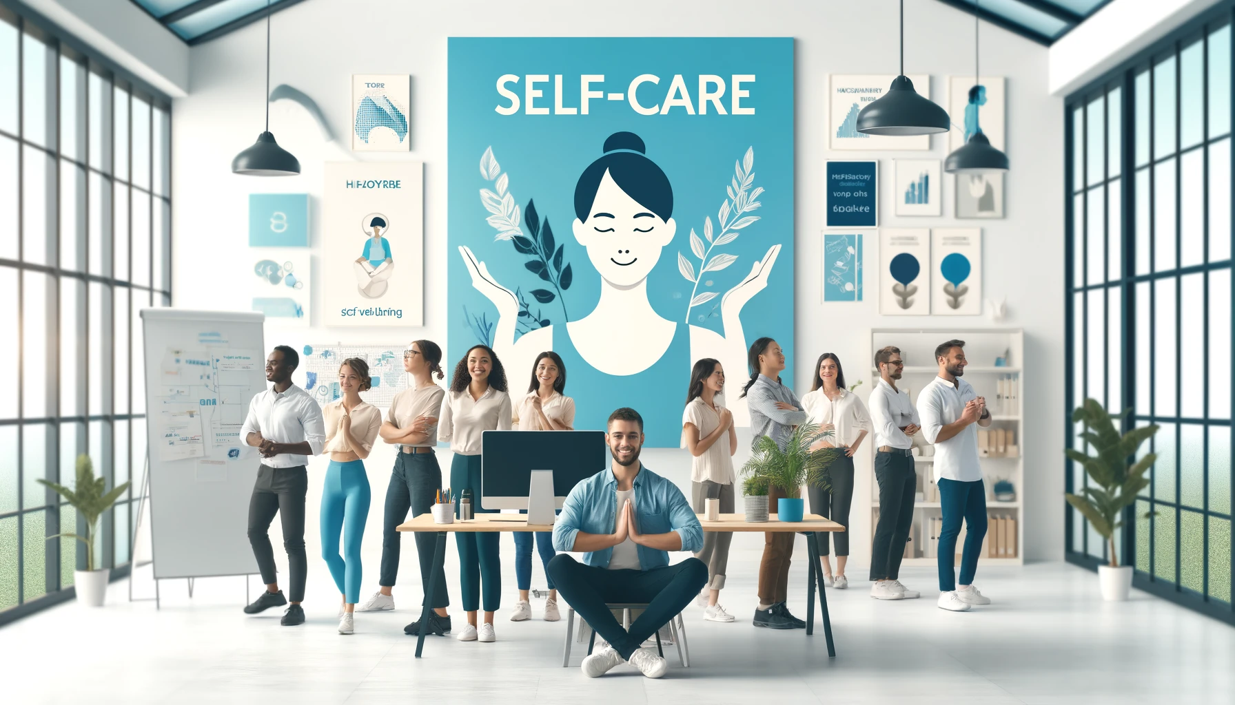 A imagem apresenta um grupo diversificado de colaboradores sorridentes em um escritório moderno e bem-iluminado, indicando um ambiente de trabalho que valoriza o autocuidado e o bem-estar. No centro, um homem sentado parece relaxado e satisfeito, cercado por colegas que realizam atividades como alongamento e interação social. A parede ao fundo está decorada com pôsteres motivacionais sobre saúde e autocuidado, reforçando a mensagem de bem-estar no local de trabalho.