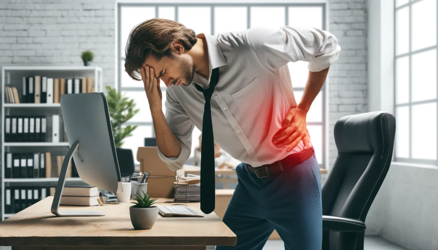 A imagem mostra um trabalhador de escritório em um ambiente de trabalho, claramente em desconforto devido a dores crônicas. Ele está sentado em uma cadeira ergonômica, com uma mão apoiando as costas e a outra na testa, exibindo uma expressão de dor. O escritório é típico, com uma mesa e um computador ao fundo, destacando os desafios de lidar com dores crônicas no ambiente de trabalho. A cena transmite uma atmosfera realista e empática sobre o impacto das dores crônicas na vida diária de um profissional.
