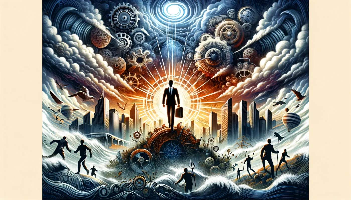 A arte criada ilustra vividamente o conceito de "Revolucionando a Liderança Corporativa: O Poder da Autoliderança Antifrágil em Ambientes Dinâmicos". Centralizada está a figura de um líder inovador, simbolizando força, flexibilidade e a capacidade de adaptação, destacando-se contra um fundo de mudanças e desafios transformados em oportunidades. Este cenário reflete o dinamismo e a evolução constantes do ambiente corporativo, transmitindo a poderosa mensagem de que, por meio da autoliderança antifrágil, é possível não apenas sobreviver, mas prosperar e se fortalecer diante das adversidades.