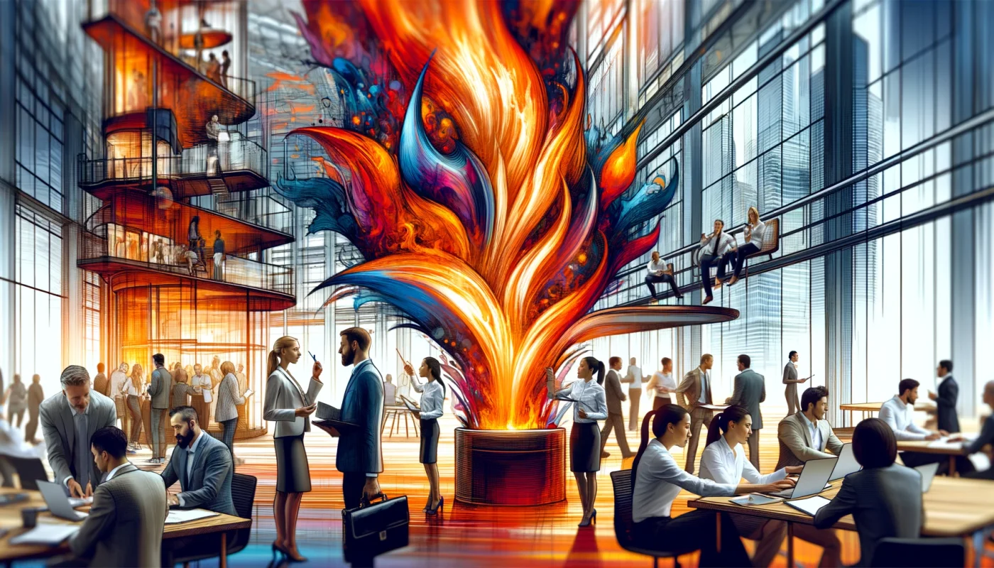 Um ambiente de escritório moderno, com profissionais de diversas etnias trabalhando em proximidade. Ao fundo, uma escultura abstrata grande representando energia ou chamas. O foco está em uma vista mais próxima dos profissionais colaborando, destacando suas expressões de determinação e trabalho em equipe, criando um cenário de inovação e colaboração