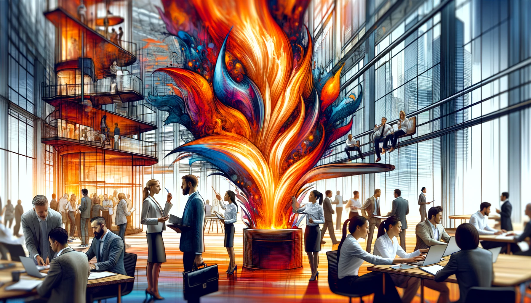 Um ambiente de escritório moderno, com profissionais de diversas etnias trabalhando em proximidade. Ao fundo, uma escultura abstrata grande representando energia ou chamas. O foco está em uma vista mais próxima dos profissionais colaborando, destacando suas expressões de determinação e trabalho em equipe, criando um cenário de inovação e colaboração