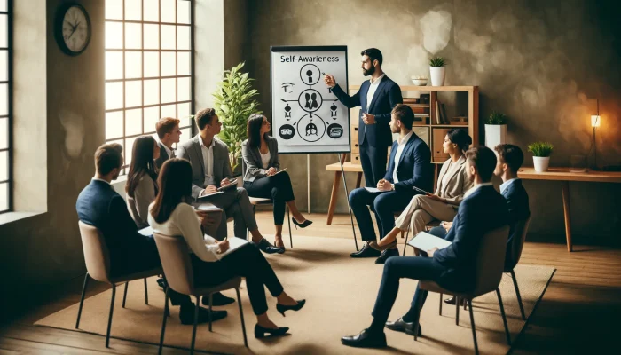 Workshop sobre autoconhecimento em um ambiente corporativo. Um grupo de pessoas em um semi-círculo é guiado por um facilitador que está apontando para um flip chart. A cena mostra uma atmosfera profissional, com decoração de plantas e iluminação suave