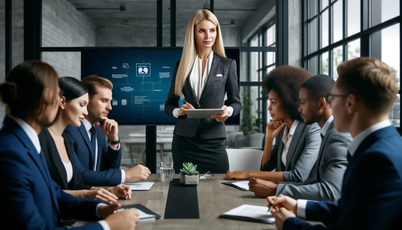 Imagem retangular para um blog mostrando uma profissional loira de sucesso, vestida com traje de negócios sofisticado, liderando uma reunião em uma mesa de conferência moderna. Ela está engajada com sua equipe, explicando estratégias mostradas em uma tela digital ao fundo. A equipe, diversificada em etnia e gênero, escuta atentamente. O ambiente de escritório é elegante, com design contemporâneo, enfatizando uma atmosfera colaborativa e reflexiva