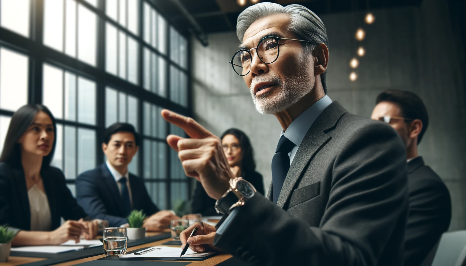 "Banner retangular para blog intitulado 'Revelada a melhor maneira de construir uma marca pessoal'. A imagem destaca um senhor oriental com óculos, vestido formalmente, liderando uma reunião em uma mesa de conferência moderna. Ele está engajando sua equipe em uma discussão sobre como construir marcas pessoais. O ambiente é um escritório contemporâneo com grandes janelas e design minimalista. A visão de close-up captura expressões detalhadas e interações dinâmicas, enfatizando o pensamento estratégico e a expertise em branding pessoal."