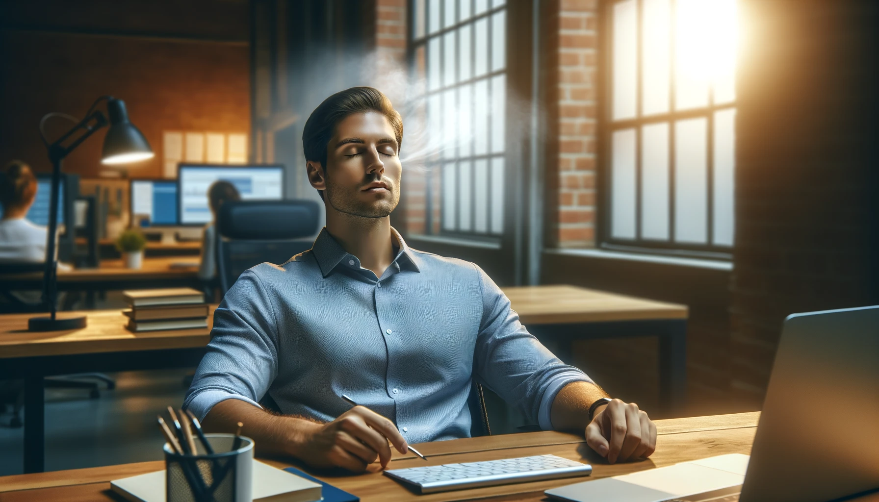 arte capturando um momento sereno de prática de mindfulness no ambiente de trabalho, com foco em uma pessoa. Esta imagem visa ilustrar um instante íntimo e tranquilo, destacando o impacto pessoal das práticas de mindfulness na redução da ansiedade no local de trabalho.