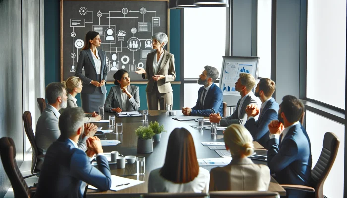 Uma cena corporativa em uma moderna sala de reuniões, onde um grupo de profissionais discute estratégias de gestão de pessoas. A apresentadora principal, uma mulher de meia-idade com cabelo grisalho curto, está falando para o grupo em uma grande mesa de conferências. Os participantes incluem uma mistura diversificada de gêneros e etnias, vestidos com roupas casuais de negócios. A sala possui itens relacionados a RH, como manuais de funcionários e organogramas. O ambiente é colaborativo, indicando uma reunião focada em práticas de gestão de pessoas e recursos humanos.