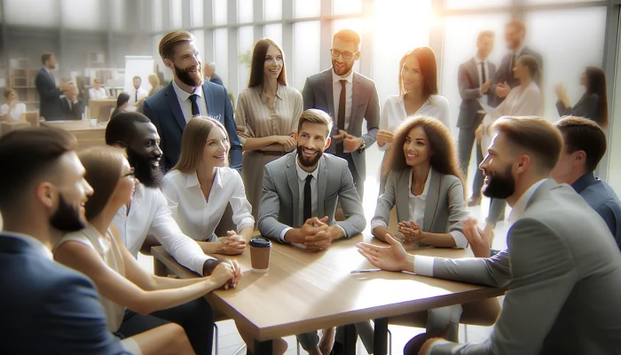 imagem para o tema de inteligência positiva, com um foco mais próximo em um grupo de pessoas em um ambiente corporativo. A cena mostra um pequeno grupo de profissionais em trajes business casual, reunidos em torno de uma mesa e participando de uma discussão colaborativa. Os indivíduos parecem positivos e entusiasmados, com alguns sorrindo e outros gesticulando enquanto falam. O ambiente sugere um escritório corporativo moderno, com iluminação suave e móveis elegantes, enfatizando uma atmosfera positiva e construtiva. O foco está nas interações e no senso de trabalho em equipe.