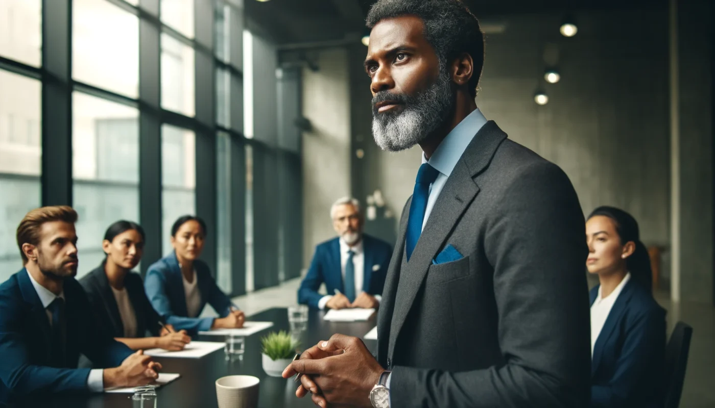 "Imagem retangular de um homem negro mais velho, vestido formalmente, liderando uma reunião em um escritório moderno. Ele está em pé na cabeceira de uma mesa de conferência, interagindo ativamente com sua equipe sobre visões e propósitos estratégicos. O ambiente de escritório é contemporâneo, com grandes janelas e um design minimalista. A fotografia em close-up capta expressões intensas e interações detalhadas, destacando a liderança inspiradora."
