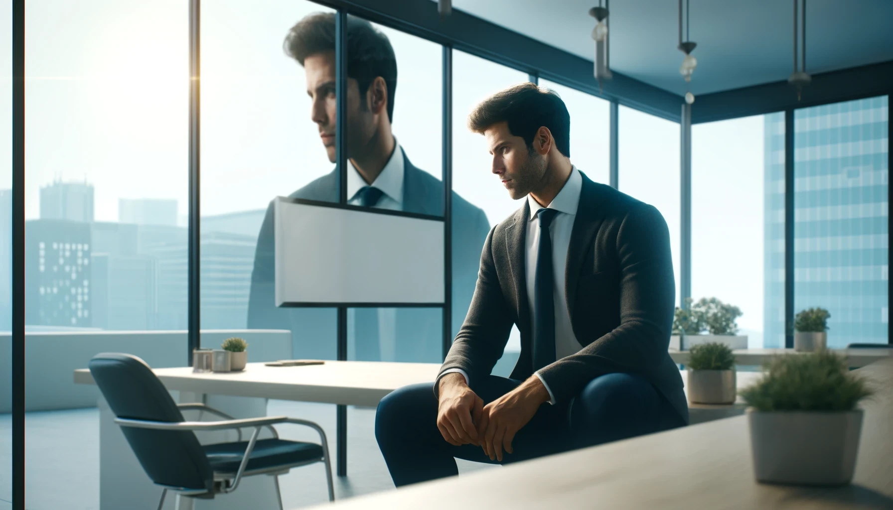 Aqui está o texto alternativo para a imagem criada sobre o tema "Obstáculos da Autoliderança Antifrágil": "Imagem retangular mostrando um homem em um ambiente de escritório moderno e iluminado, refletindo sozinho. Ele simboliza os desafios da autoliderança em um contexto antifrágil, com uma expressão que mostra contemplação e determinação. O cenário é desprovido de qualquer texto, destacando a figura solitária do homem e enfatizando o conceito de superação de obstáculos de liderança pessoal sem orientação externa."