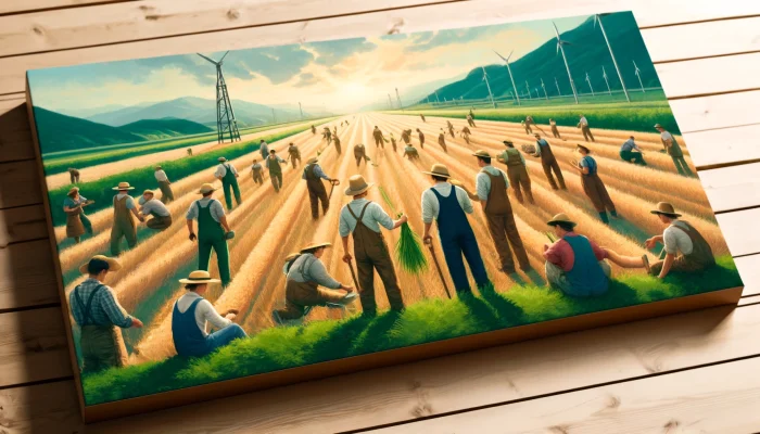 Uma cena retangular em um ambiente rural, mostrando um grupo de agricultores trabalhando juntos em um campo. A imagem destaca a colaboração no agronegócio, com uma equipe diversificada em termos de gênero e etnia. Eles estão vestidos com roupas de fazendeiro tradicionais, como macacões e chapéus de palha. A iluminação é brilhante e natural, com um céu claro, enfatizando o ambiente ao ar livre. O esquema de cores inclui tons de verde e marrom, refletindo uma estética agrícola.