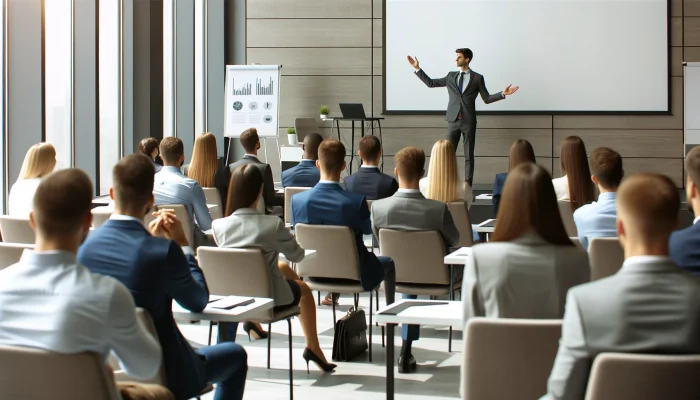 "Palestra de autoajuda em um ambiente corporativo, com um palestrante envolvente apresentando para uma plateia de pessoas em trajes de negócios, algumas tomando notas.