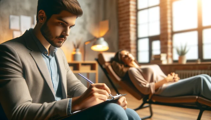 Hipnólogo realizando uma sessão de hipnoterapia com um cliente em um ambiente profissional e tranquilo, com iluminação suave e móveis confortáveis. O hipnólogo parece focado e atento, enquanto o cliente está relaxado e receptivo.