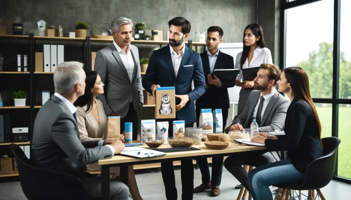 Um grupo de profissionais está em um escritório moderno discutindo produtos relacionados a pets. O apresentador principal, um homem de meia-idade com cabelo preto curto, está mostrando um produto para o grupo. Os participantes incluem uma mistura diversificada de gêneros e etnias, vestidos com roupas casuais de negócios. A sala contém itens relacionados a pets, como sacos de ração, coleiras e brinquedos para pets. O clima é colaborativo, sugerindo uma reunião de negócios focada em tópicos da indústria de produtos para pets.