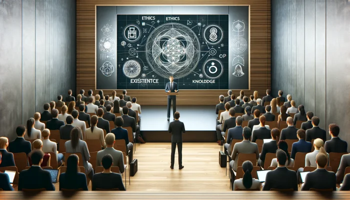 Uma cena retangular e realista mostrando uma audiência diversificada ouvindo atentamente um palestrante no palco de um auditório moderno. O palestrante, especialista em filosofia, está confiante ao lado de uma grande tela digital que exibe símbolos abstratos representando conceitos filosóficos como ética, existência e conhecimento. A audiência é composta por profissionais de várias áreas, refletindo um interesse aguçado em aplicar insights filosóficos à vida pessoal e profissional. A atmosfera é de profundo engajamento e curiosidade intelectual, com o auditório projetado para facilitar uma troca de ideias aberta e reflexiva. O cenário combina uma estética contemporânea com elementos que evocam a natureza atemporal da investigação filosófica.