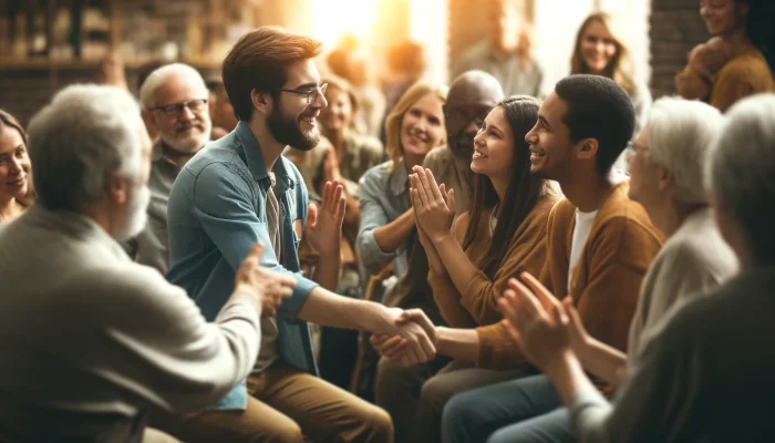 Aqui está uma imagem que representa o conceito de humanização, com um foco mais próximo nas pessoas interagindo de maneira compassiva. A cena mostra um pequeno grupo de indivíduos diversos em um ambiente comunitário, envolvidos em interações calorosas. Alguns estão apertando as mãos, outros se abraçando ou sorrindo uns para os outros. O cenário sugere um espaço público, com iluminação natural e uma sensação acolhedora. O foco está no senso de conexão e empatia entre as pessoas, enfatizando o tema de humanização e o tratamento dos outros com gentileza.