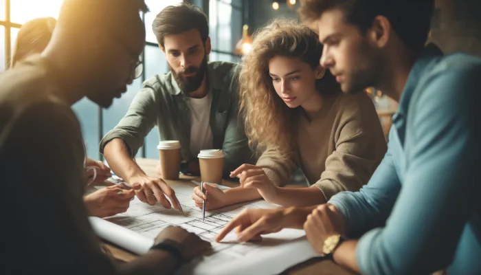 Cena que representa o tema de propósito, mostrando um pequeno grupo de pessoas diversas em um ambiente descontraído. Eles estão reunidos ao redor de uma mesa, engajados em uma conversa significativa ou trabalhando juntos em um projeto compartilhado. Algumas pessoas estão apontando para um projeto, outras estão tomando notas. O cenário sugere um ambiente casual, com iluminação acolhedora e um senso de colaboração. O foco está nas expressões e no senso de propósito e trabalho em equipe.