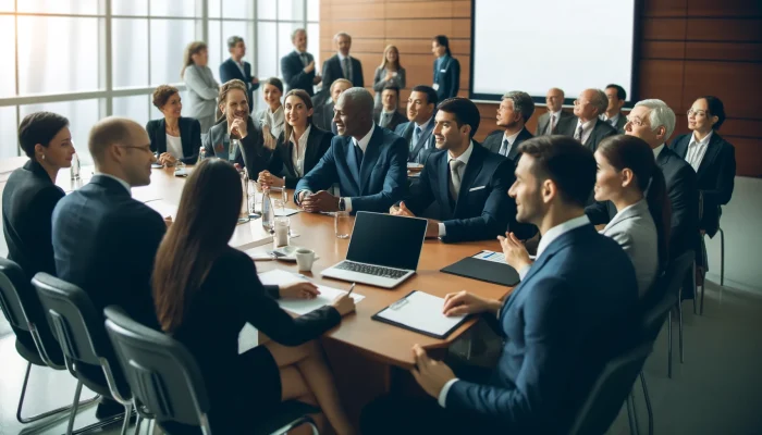 Grupo de profissionais em um congresso corporativo, reunidos em uma mesa de conferência, discutindo ou ouvindo uma apresentação, com projetores e materiais de apresentação, destacando a colaboração em um ambiente corporativo.