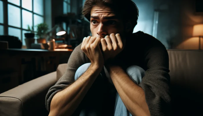 Pessoa com expressão preocupada, demonstrando sinais de ansiedade, como torcer as mãos ou roer as unhas. A cena está em um ambiente casual, com iluminação fraca e uma sensação de tensão e desconforto