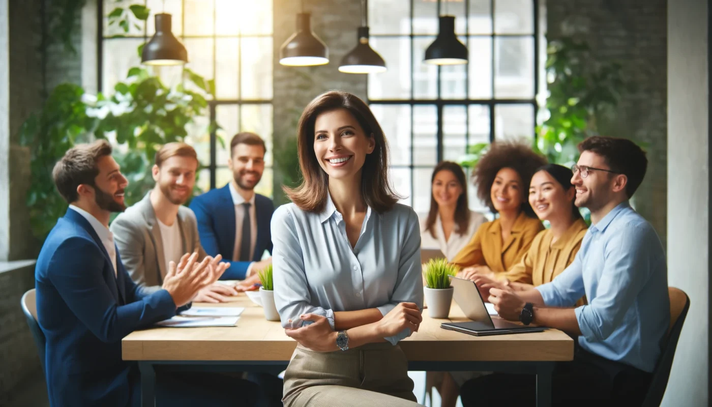 "Imagem retangular de um ambiente de escritório que reflete temas de felicidade e bem-estar no trabalho. A protagonista, uma mulher vestida com trajes profissionais, está liderando uma reunião com sua equipe diversificada. Eles estão todos sorrindo e interagindo positivamente. O escritório é decorado com plantas e possui iluminação quente e convidativa, promovendo uma atmosfera alegre e de suporte. Não há textos, pôsteres ou escritas visíveis em qualquer parte da imagem."
