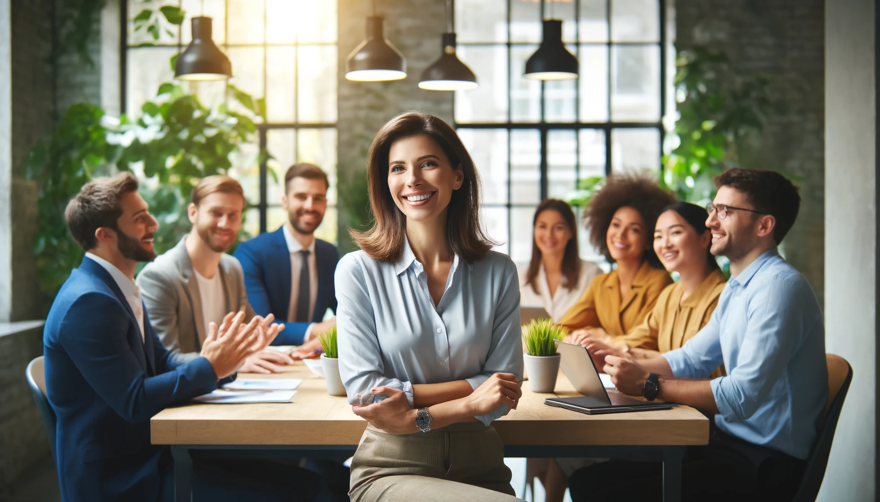 "Imagem retangular de um ambiente de escritório que reflete temas de felicidade e bem-estar no trabalho. A protagonista, uma mulher vestida com trajes profissionais, está liderando uma reunião com sua equipe diversificada. Eles estão todos sorrindo e interagindo positivamente. O escritório é decorado com plantas e possui iluminação quente e convidativa, promovendo uma atmosfera alegre e de suporte. Não há textos, pôsteres ou escritas visíveis em qualquer parte da imagem."