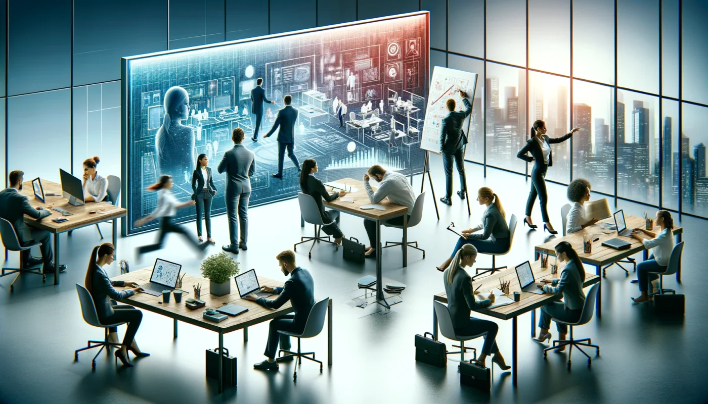 Imagem de um ambiente de escritório moderno e dinâmico, mostrando um grupo diversificado de funcionários engajados em várias atividades autônomas. Um indivíduo está brainstorming criativamente em um quadro branco digital, outro apresenta confiantemente a um pequeno grupo, e um terceiro está concentrado em seu laptop. O espaço é aberto e empoderador, destacando um local de trabalho que promove o bem-estar e a liberdade criativa dos colaboradores.