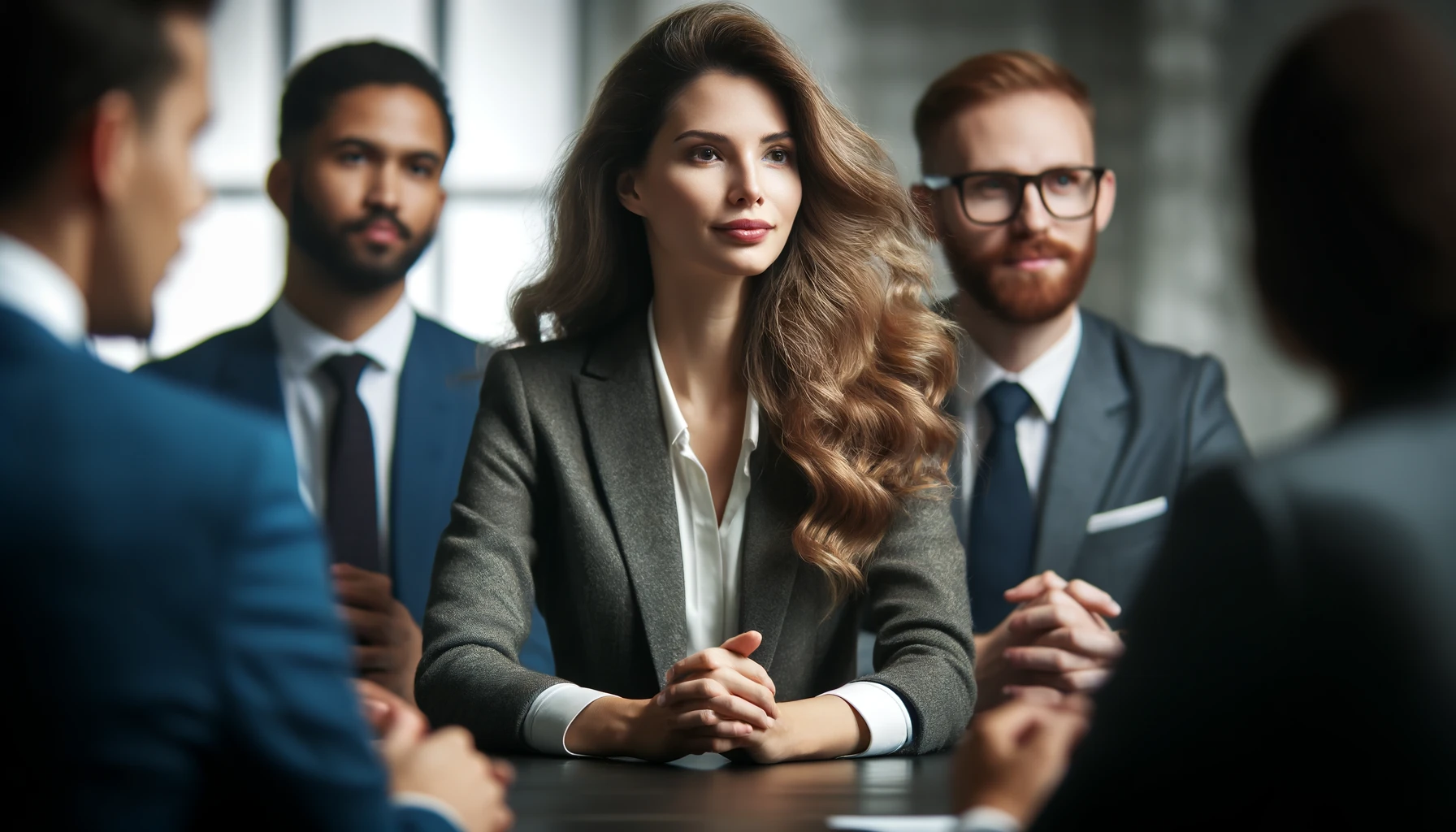uma cena de reunião corporativa em close-up. No centro, uma mulher caucasiana com cabelos ondulados, vestida como executiva, está sentada à mesa cercada por sua equipe diversificada. A cena capta um momento de discussão intensa, com um enquadramento próximo que permite ver claramente os rostos dos participantes. Todos estão vestidos com trajes de negócios modernos, demonstrando envolvimento ativo na conversa. O fundo da imagem sugere um ambiente de escritório elegante e profissional.