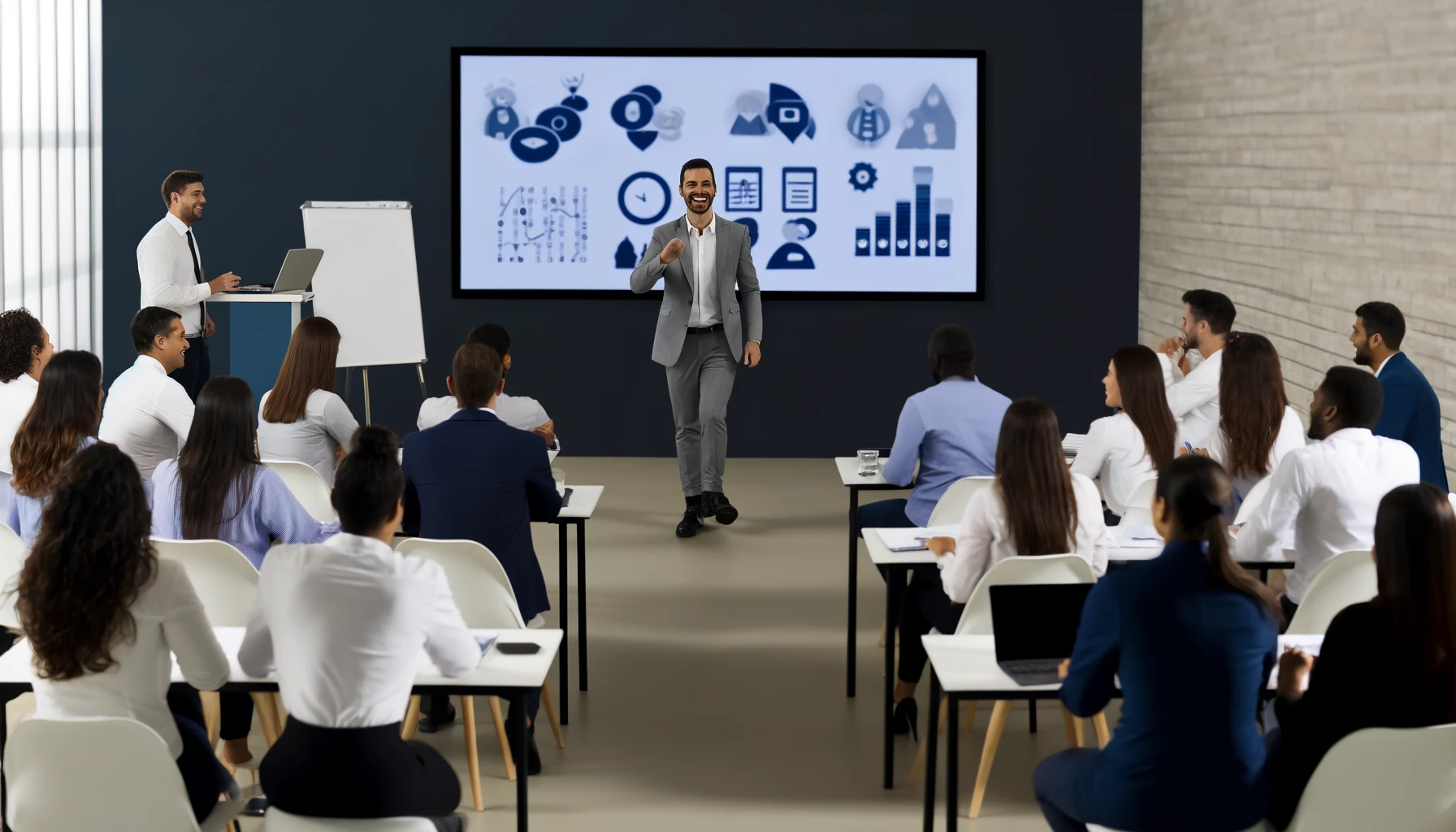 A imagem retrata uma cena inspiradora de treinamento de equipe de vendas em um ambiente moderno e iluminado. No centro, destaca-se um treinador carismático e confiante, de pé diante de um quadro branco interativo, que exibe estratégias de vendas inovadoras e gráficos de sucesso. Ao redor dele, uma equipe de vendas diversificada e profissionalmente vestida se engaja ativamente na sessão, com alguns membros tomando notas diligentemente e outros acenando em acordo. A sala é equipada com tecnologia de ponta, incluindo laptops abertos e displays que mostram gráficos de crescimento, simbolizando um ambiente de aprendizado positivo e focado no aprimoramento de habilidades e no sucesso coletivo.