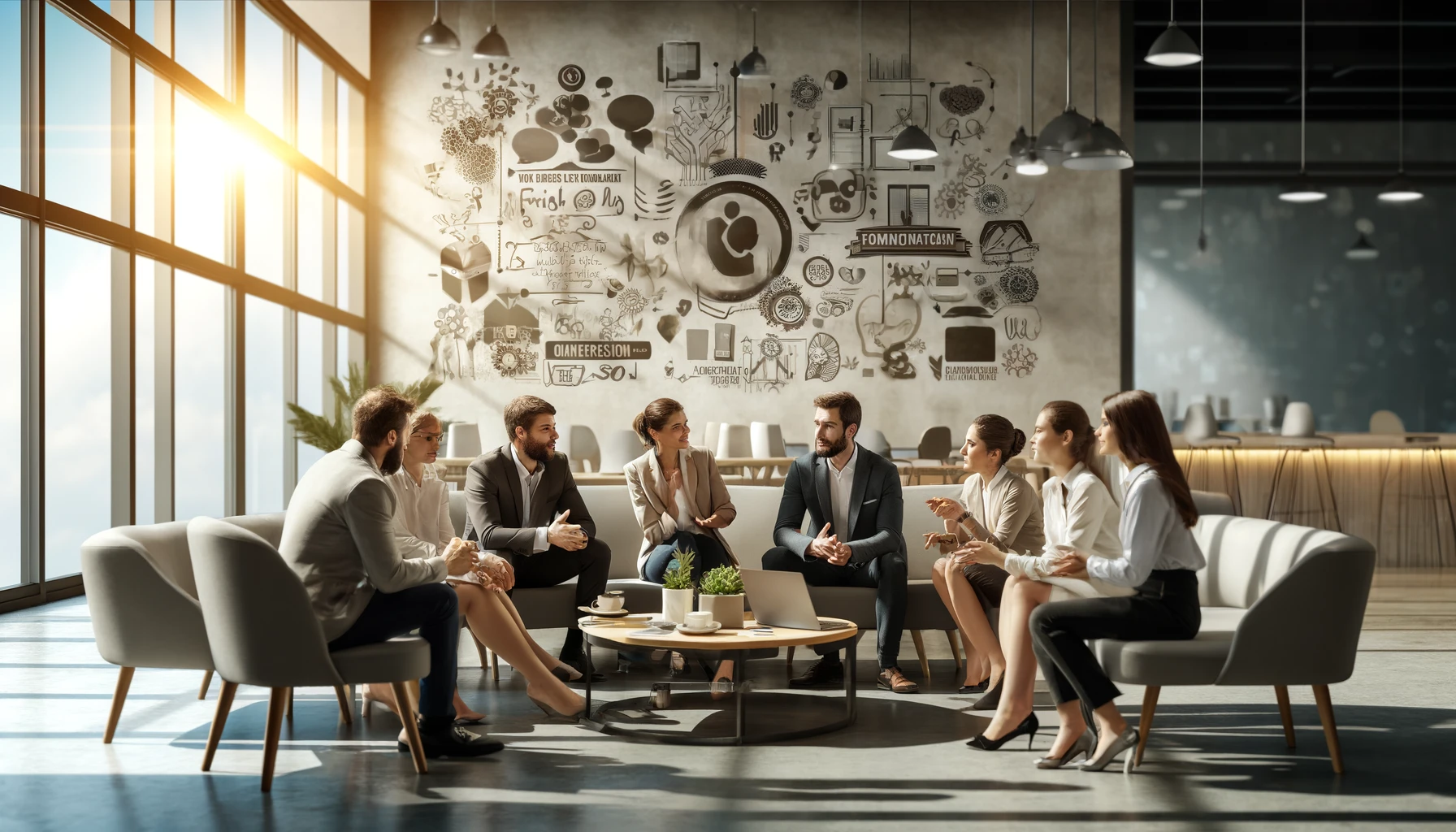 Ambiente profissional de trabalho com um grupo diverso de funcionários engajados em uma discussão positiva e aberta. O cenário de fundo mostra um escritório moderno com assentos confortáveis e pôsteres motivacionais nas paredes. O ambiente é acolhedor e convidativo, destacando a colaboração, confiança e livre troca de ideias e emoções. Elementos como post-its, laptops e xícaras de café adicionam um toque de realismo.