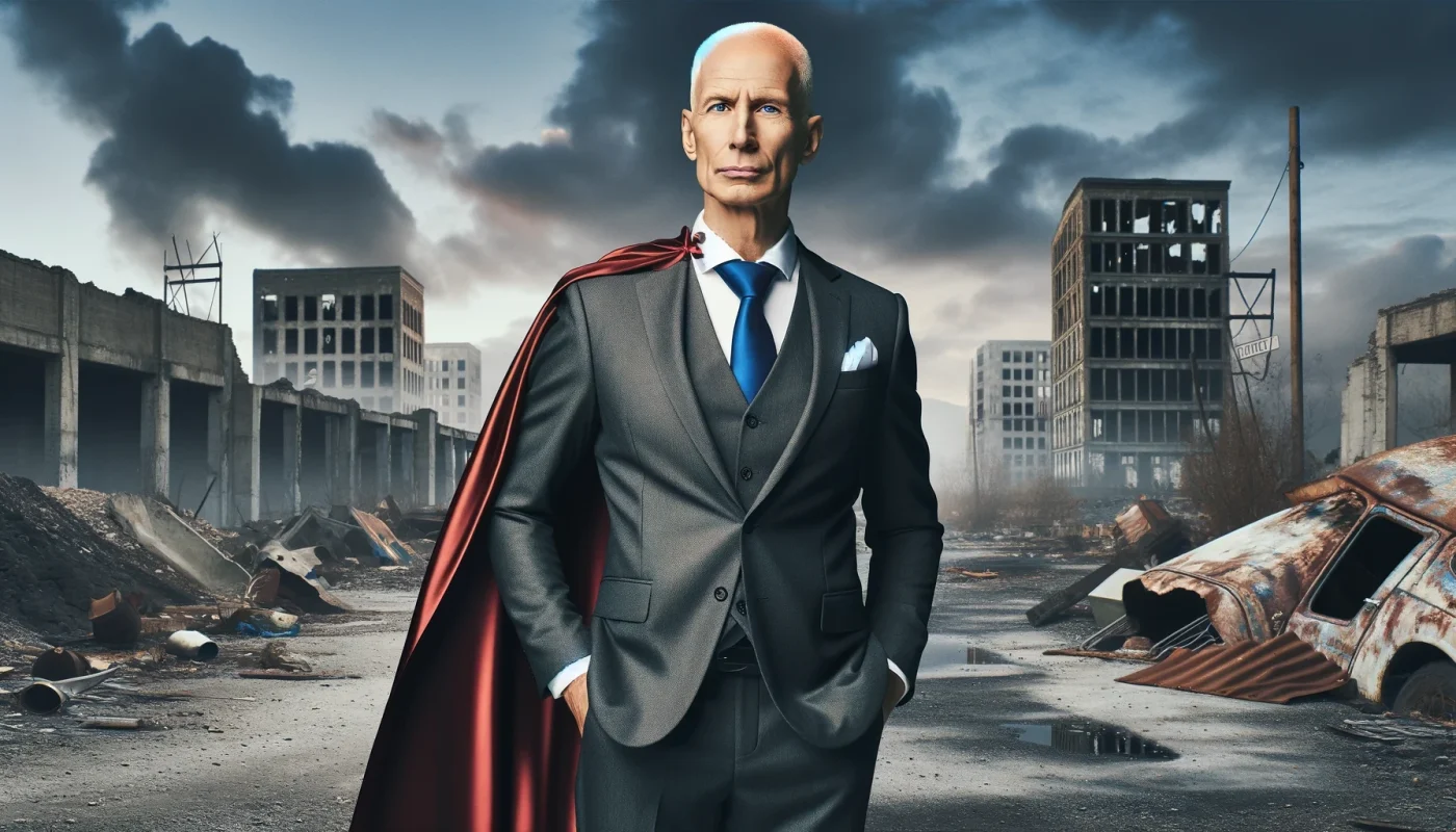 Um homem alto, magro e mais velho, branco e calvo no topo da cabeça, com cabelos brancos nas laterais, vestido com um terno corporativo e usando uma capa de herói. Ele está em pé, confiante, em um cenário pós-apocalíptico com sinais de caos e destruição ao fundo, representando o sucesso diante do fracasso. O ambiente apresenta ruínas e destroços, destacando o contraste entre sua vestimenta corporativa e a desordem ao redor.