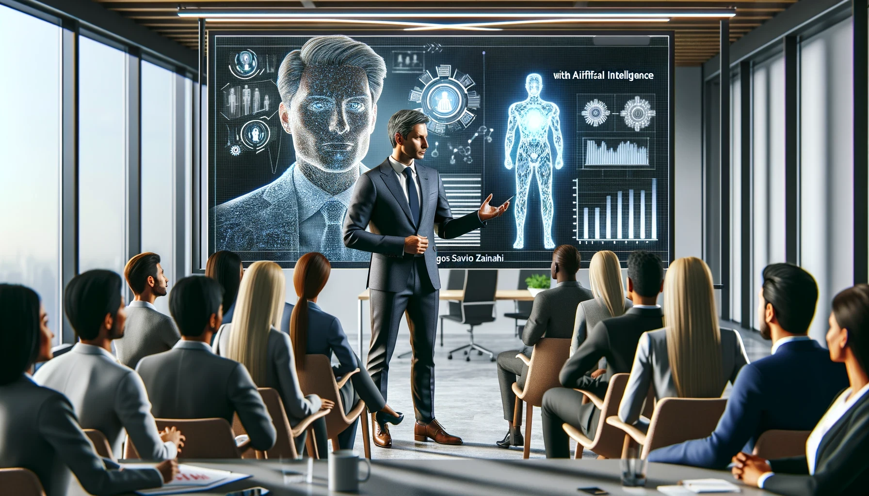 um homem caucasiano de meia-idade com cabelo curto, está apresentando em uma sala de conferências corporativa moderna. Ele usa um terno e interage com uma tela digital futurista que mostra gráficos e dados relacionados à inteligência artificial. A audiência, diversificada em gênero e etnia, observa atentamente. O ambiente é elegante e tecnológico, com móveis contemporâneos e gadgets de alta tecnologia