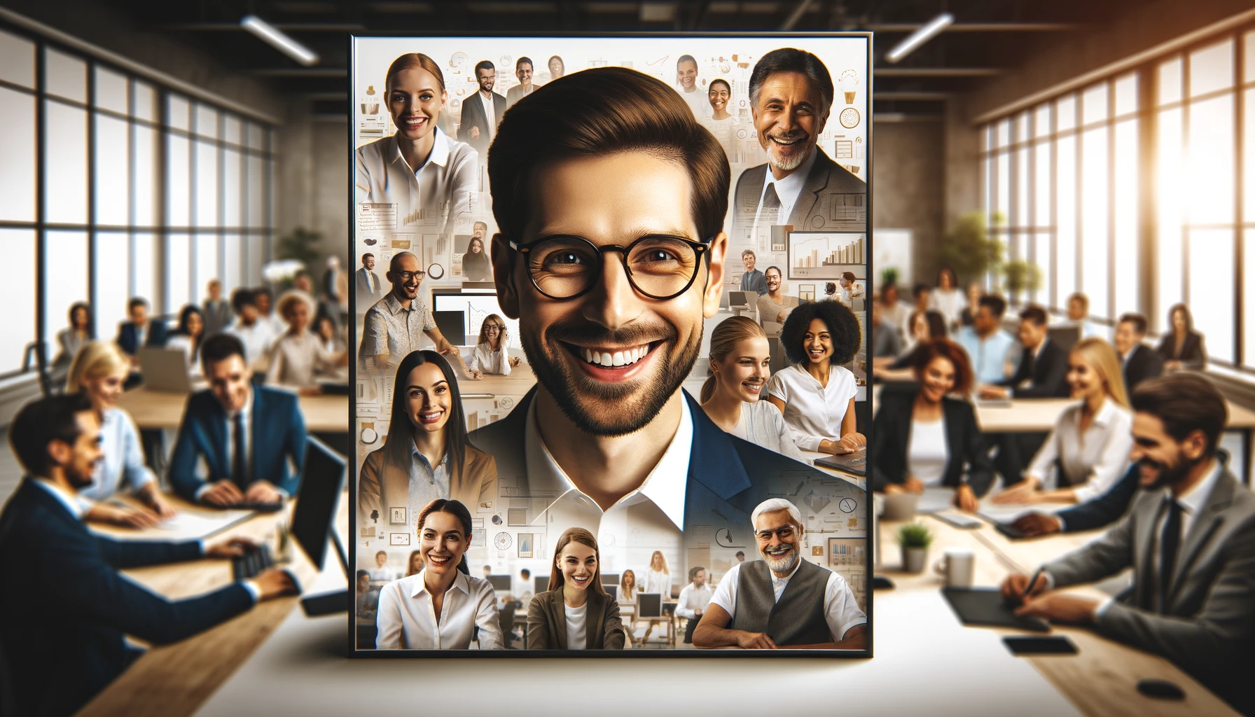 "Imagem de capa retangular para um artigo, mostrando um close-up de pessoas diversas e sorridentes trabalhando colaborativamente em um ambiente de escritório. O fundo inclui elementos como computadores, mesas e materiais de escritório, indicando um ambiente de trabalho produtivo. A imagem transmite uma sensação de positividade, bem-estar mental, inovação e eficiência no trabalho em equipe.