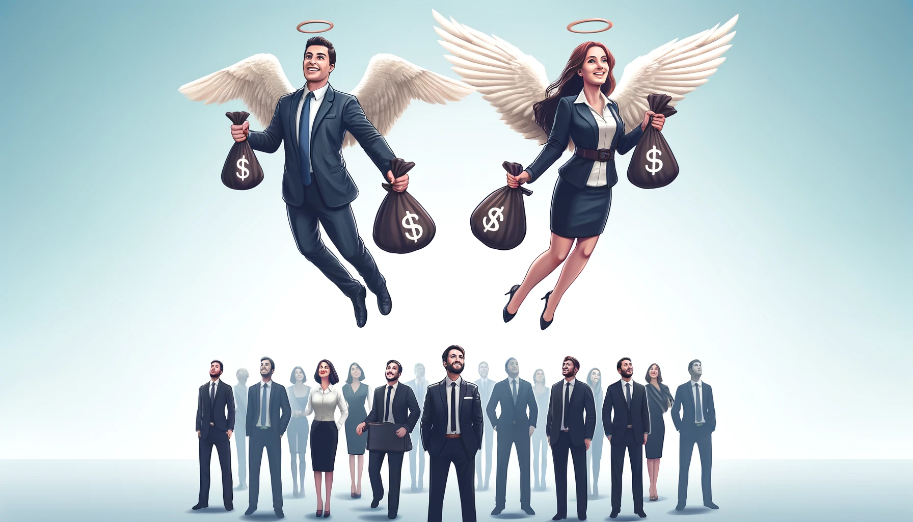 Um empresário e uma empresária com asas de anjo, segurando sacos de dinheiro, voando acima de um grupo de pessoas de negócios, tanto homens quanto mulheres, que olham para cima com admiração