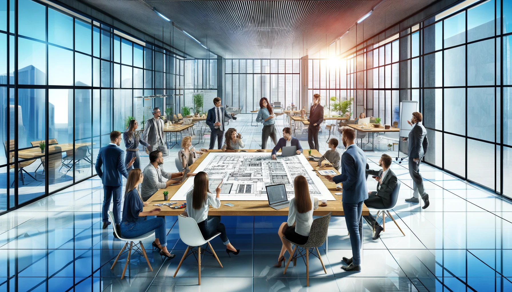 A imagem retrata um ambiente de trabalho moderno e colaborativo, onde um grupo diversificado de profissionais de várias etnias trabalha em conjunto ao redor de uma grande mesa repleta de laptops, tablets digitais e plantas arquitetônicas. Eles estão envolvidos em discussões animadas, apontando para telas e documentos, evidenciando trabalho em equipe e cooperação. O fundo mostra um escritório espaçoso e bem iluminado com paredes de vidro, plantas e mobiliário moderno, refletindo uma atmosfera dinâmica e inovadora.