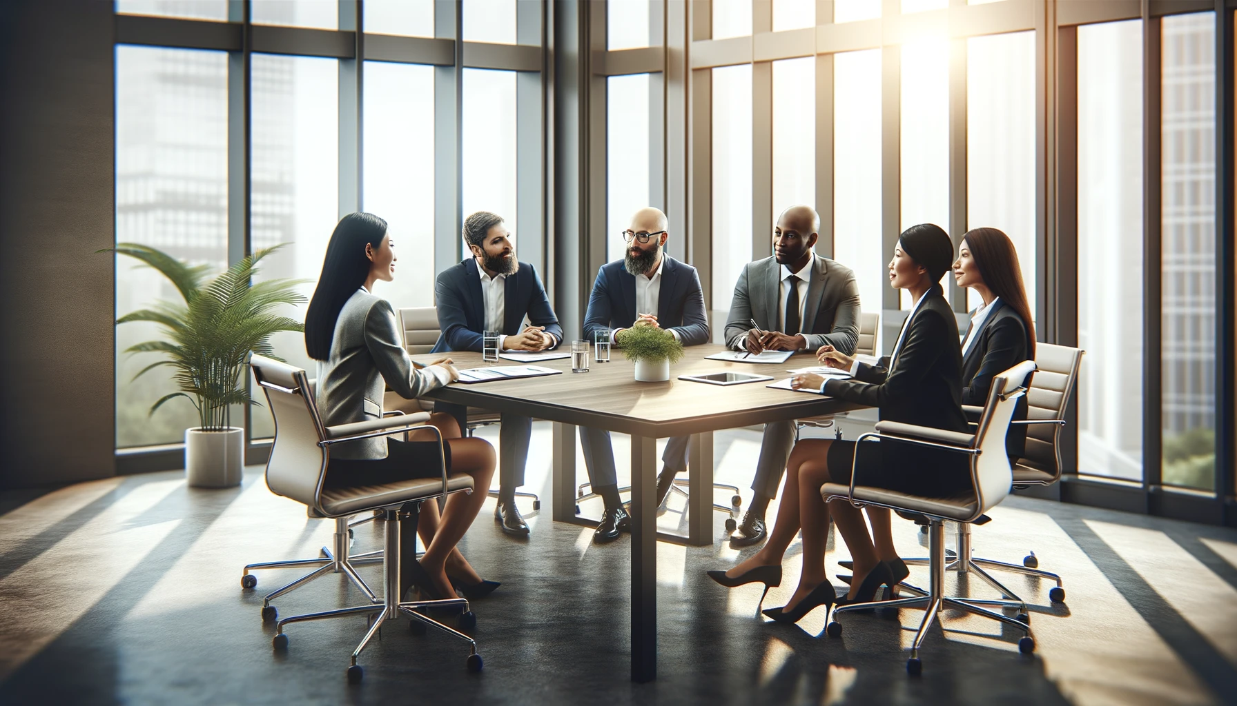 A imagem mostra um grupo diversificado de profissionais de negócios (asiático, caucasiano, afrodescendente e hispânico) engajados em uma discussão harmoniosa ao redor de uma mesa de conferência. O ambiente é calmo e produtivo, com luz natural filtrando através de grandes janelas e uma decoração moderna e minimalista, evocando uma atmosfera de cooperação e tranquilidade no local de trabalho.